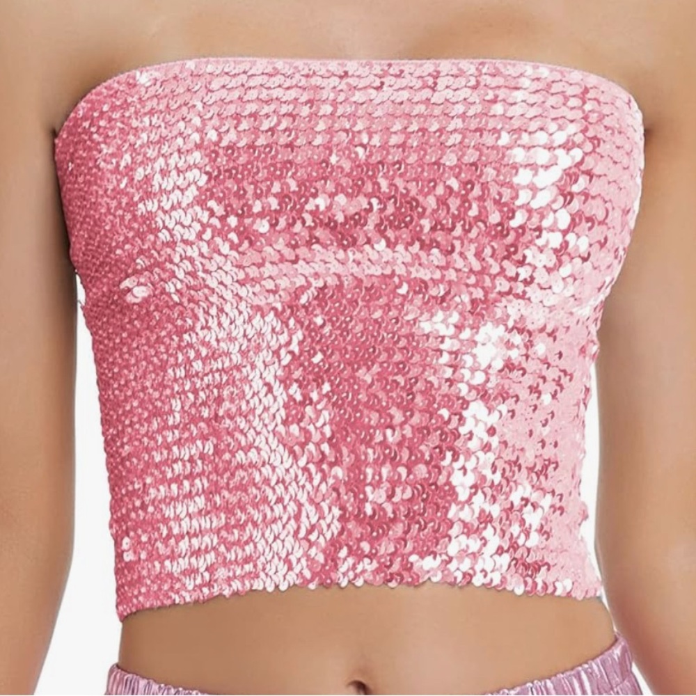 Pink sequin mermaid metallic crop tube top sexy festival rave party costume 80’s